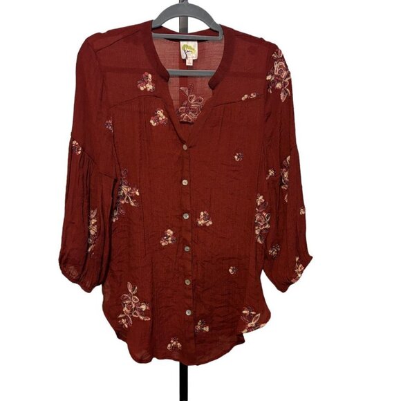 Fig and Flower Floral Embroidered Blouse Button Front Burgundy - Picture 2 of 11